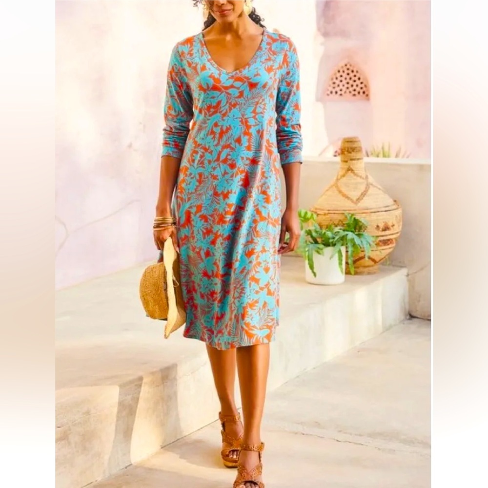 NEW Soft Surroundings Santiago Blue Orange Floral Dress L Jersey Pockets Vneck